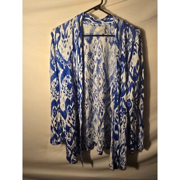 Chicos Blue White Beautiful Cardigan Sweater Open front Womens Size 2 L Linen - Picture 1 of 3